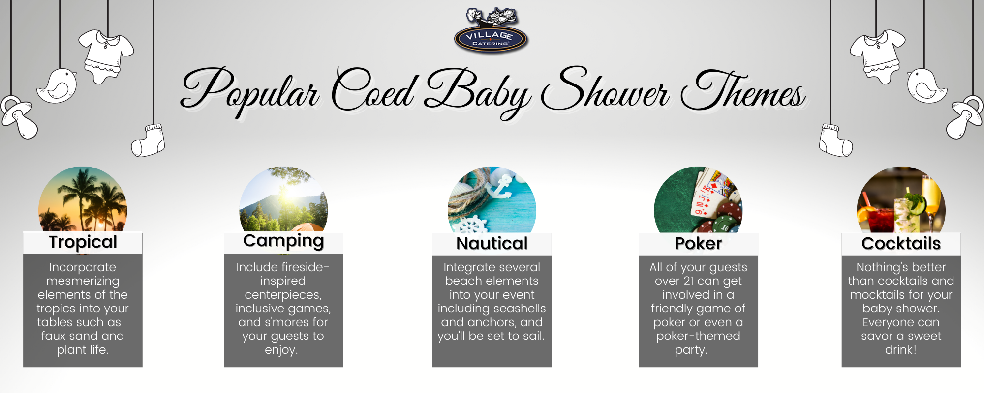 Popular Coed Baby Shower Themes by Village Catering Infographic