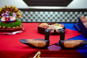 Wedding ducks on a table at a Korean wedding.